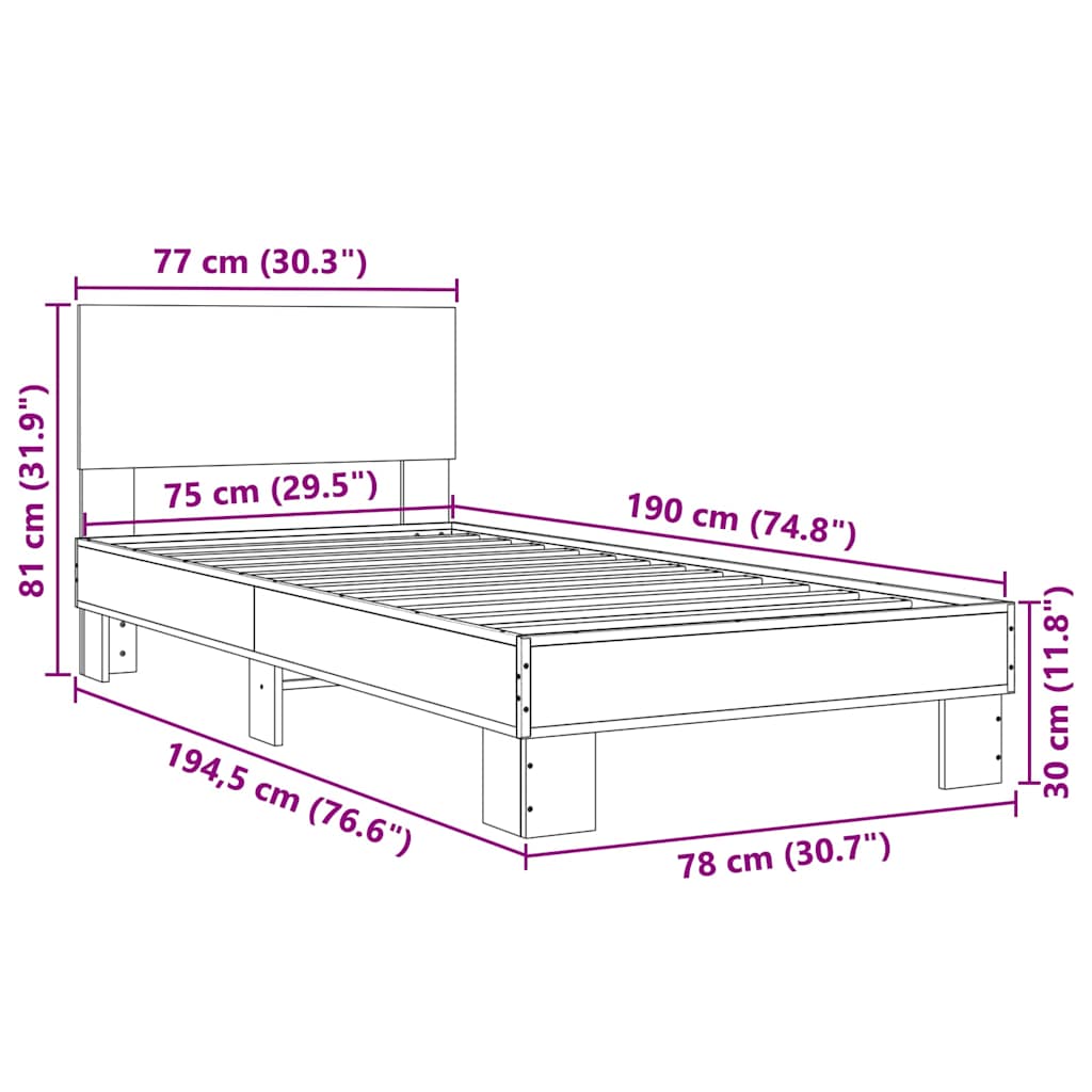 Sengeramme grå sonoma 75x190 cm konstruert tre og metall