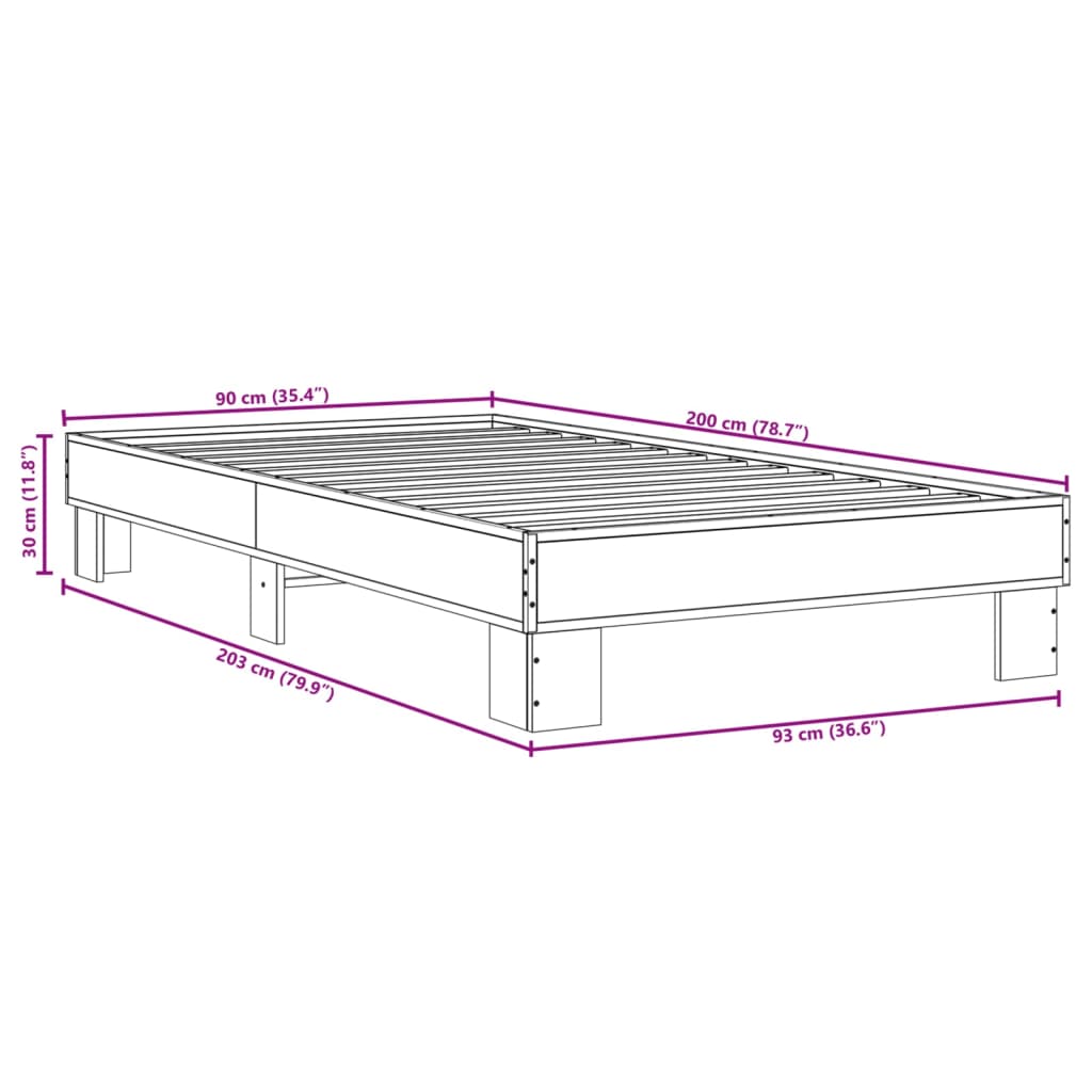 Sengeramme grå sonoma 90x200 cm konstruert tre og metall