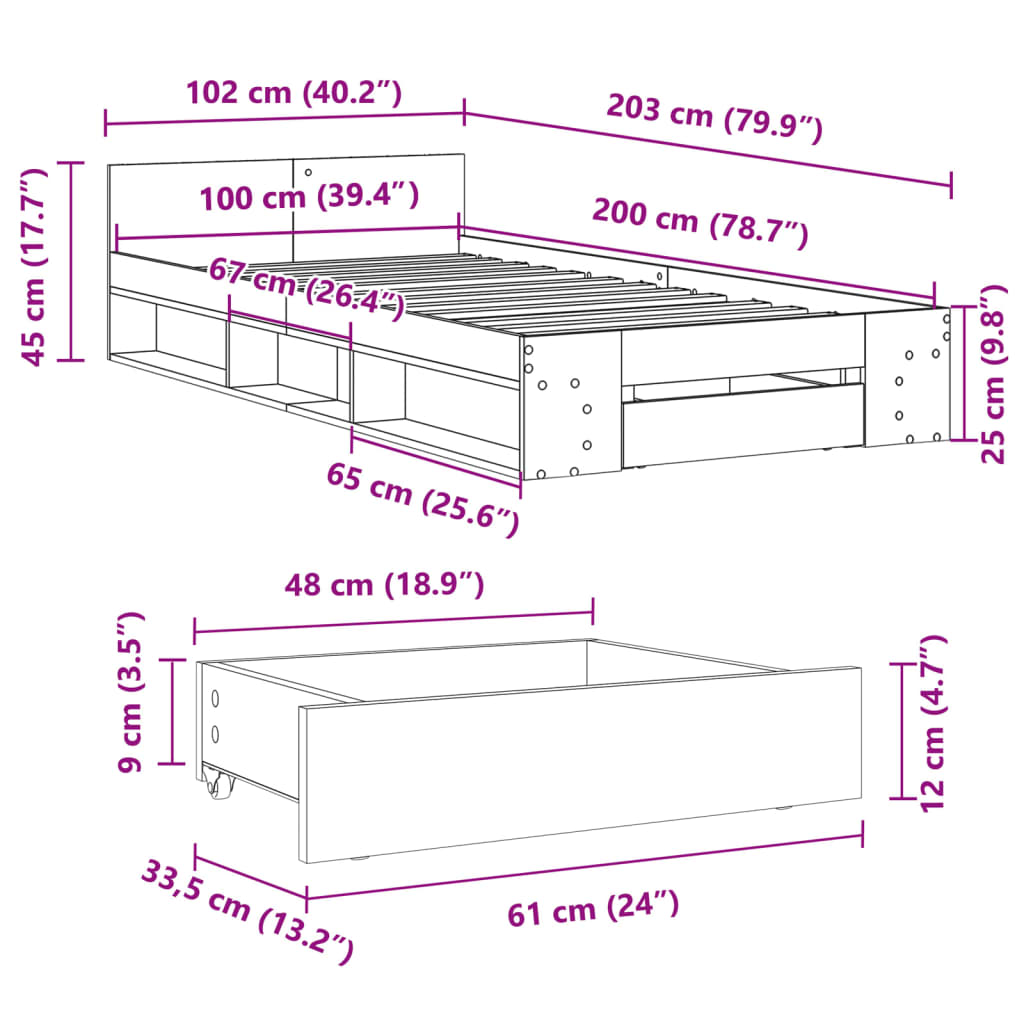 Sengeramme med skuff hvit 100x200 cm konstruert tre