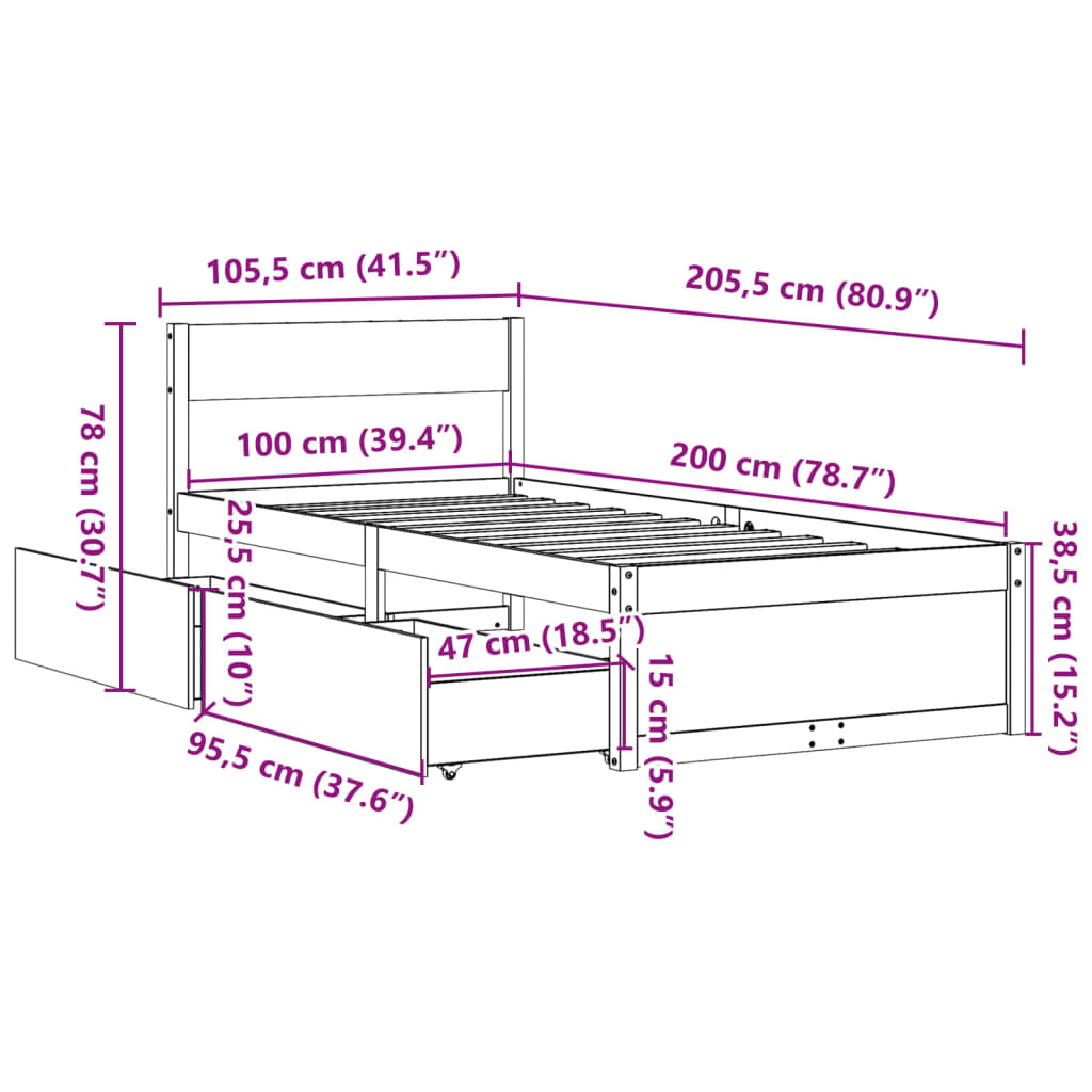 Sengeramme uten madrass voksbrun 100x200 cm heltre furu