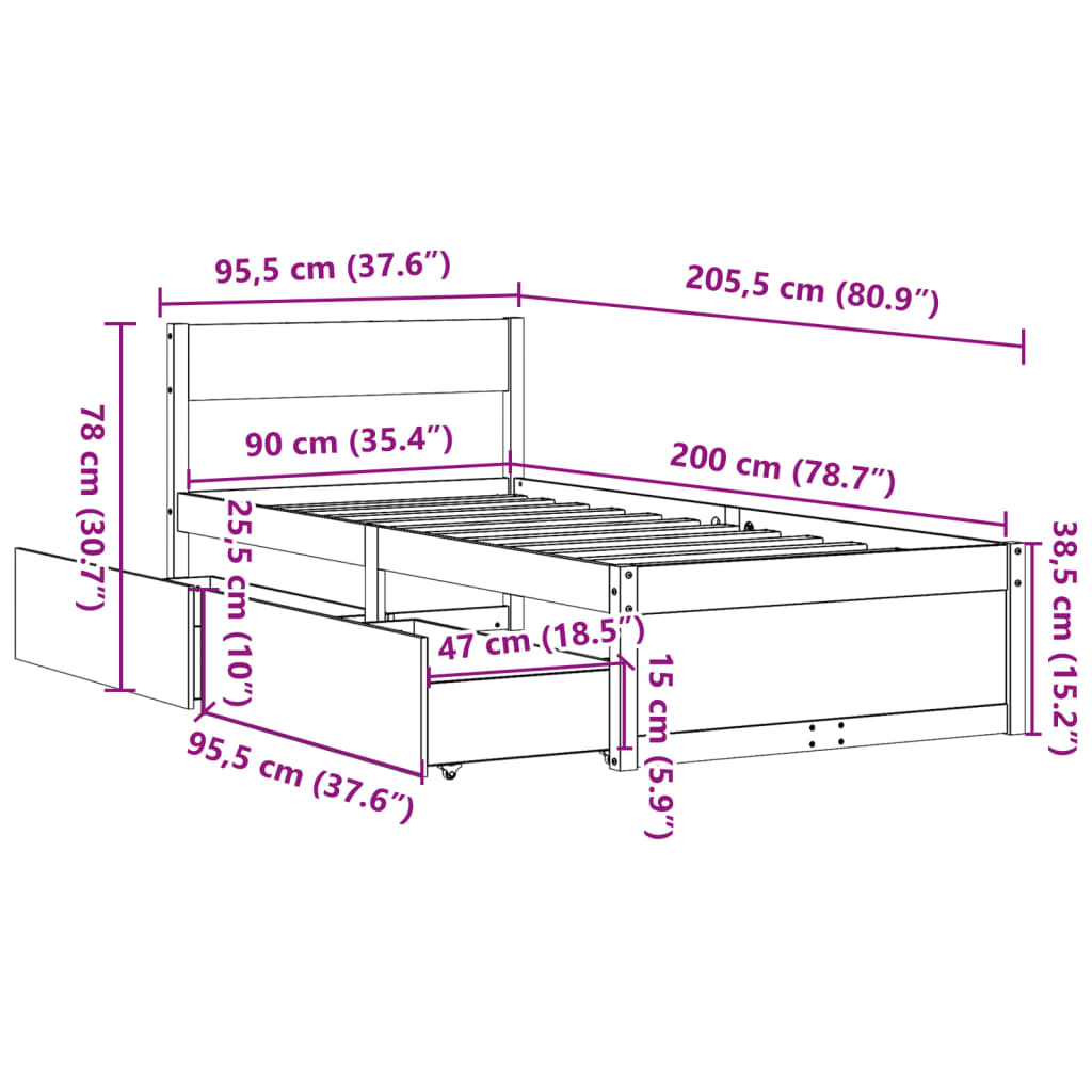 Sengeramme uten madrass voksbrun 90x200 cm heltre furu