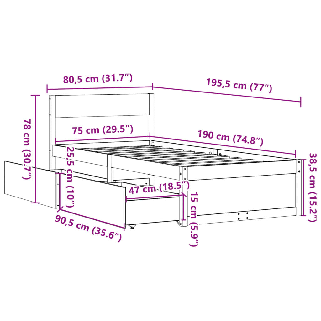 Sengeramme uten madrass voksbrun 75x190 cm heltre furu