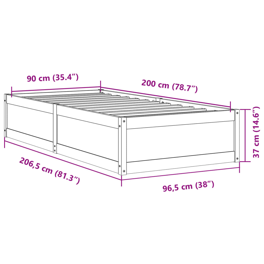Sengeramme uten madrass voksbrun 90x200 cm heltre furu
