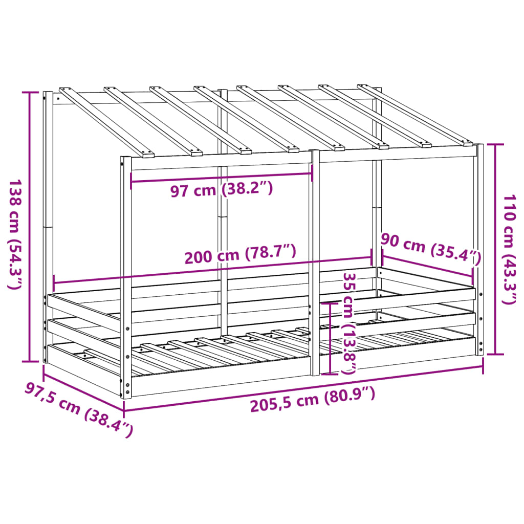 Barneseng med tak hvit 90x200 cm heltre fruru