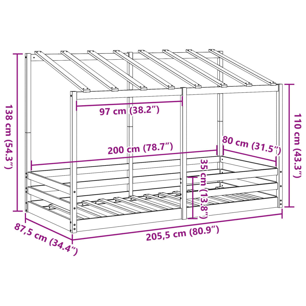 Barneseng med tak hvit 80x200 cm heltre furu