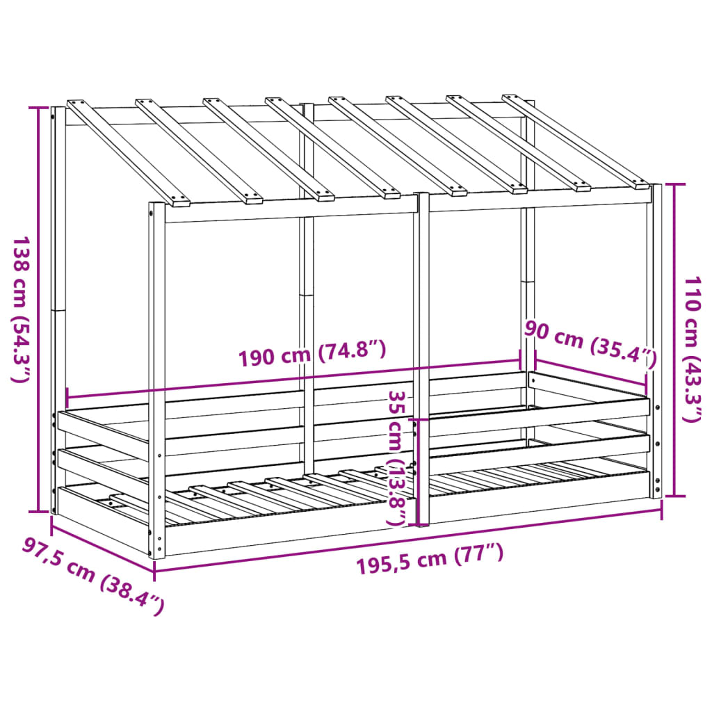 Barneseng med tak voksbrun 90x190 cm heltre furu