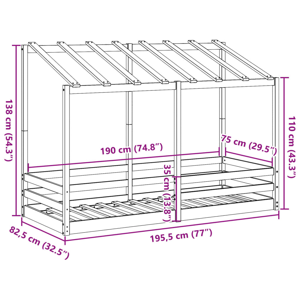 Barneseng med tak voksbrun 75x190 cm heltre furu