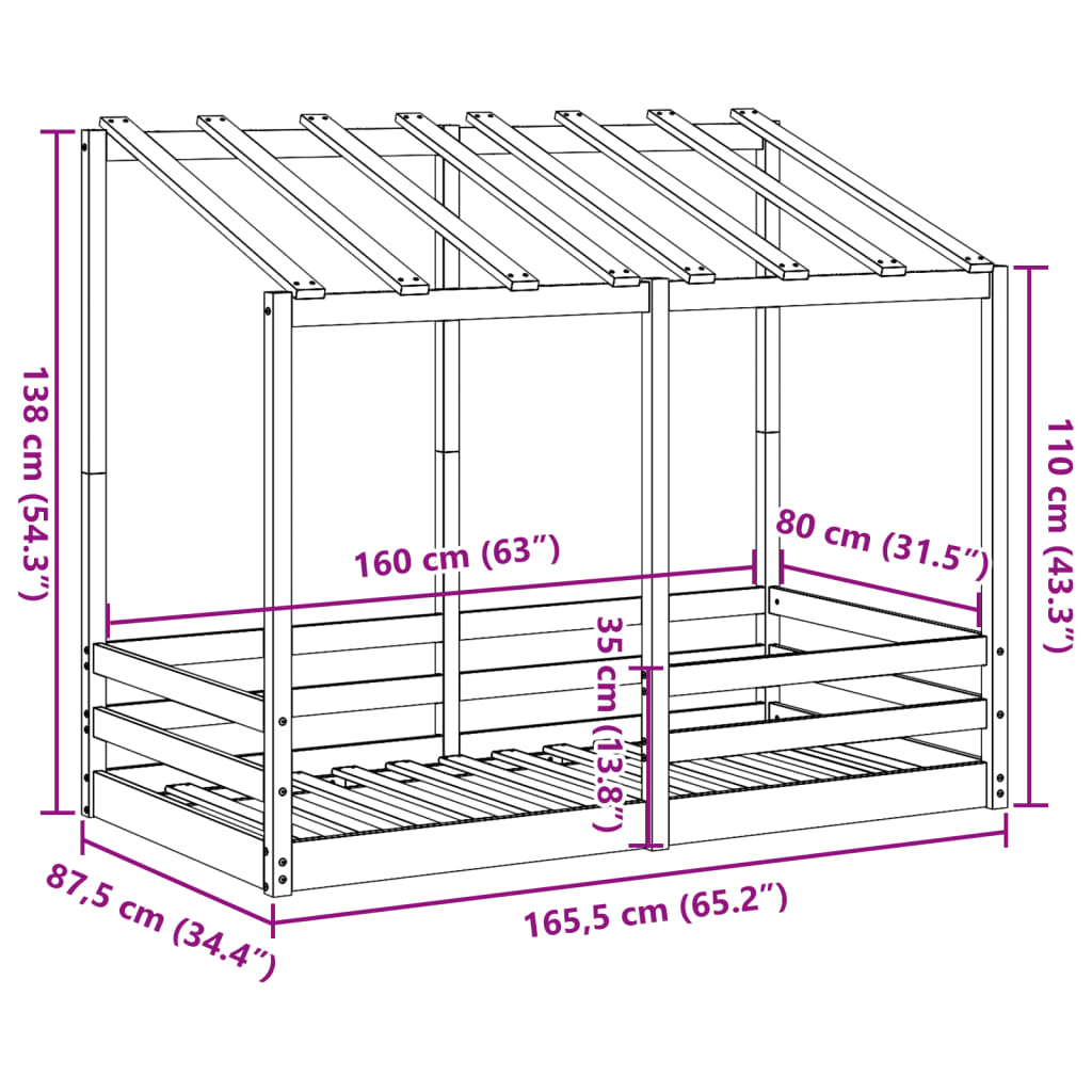 Barneseng med tak voksbrun 80x160 cm heltre furu