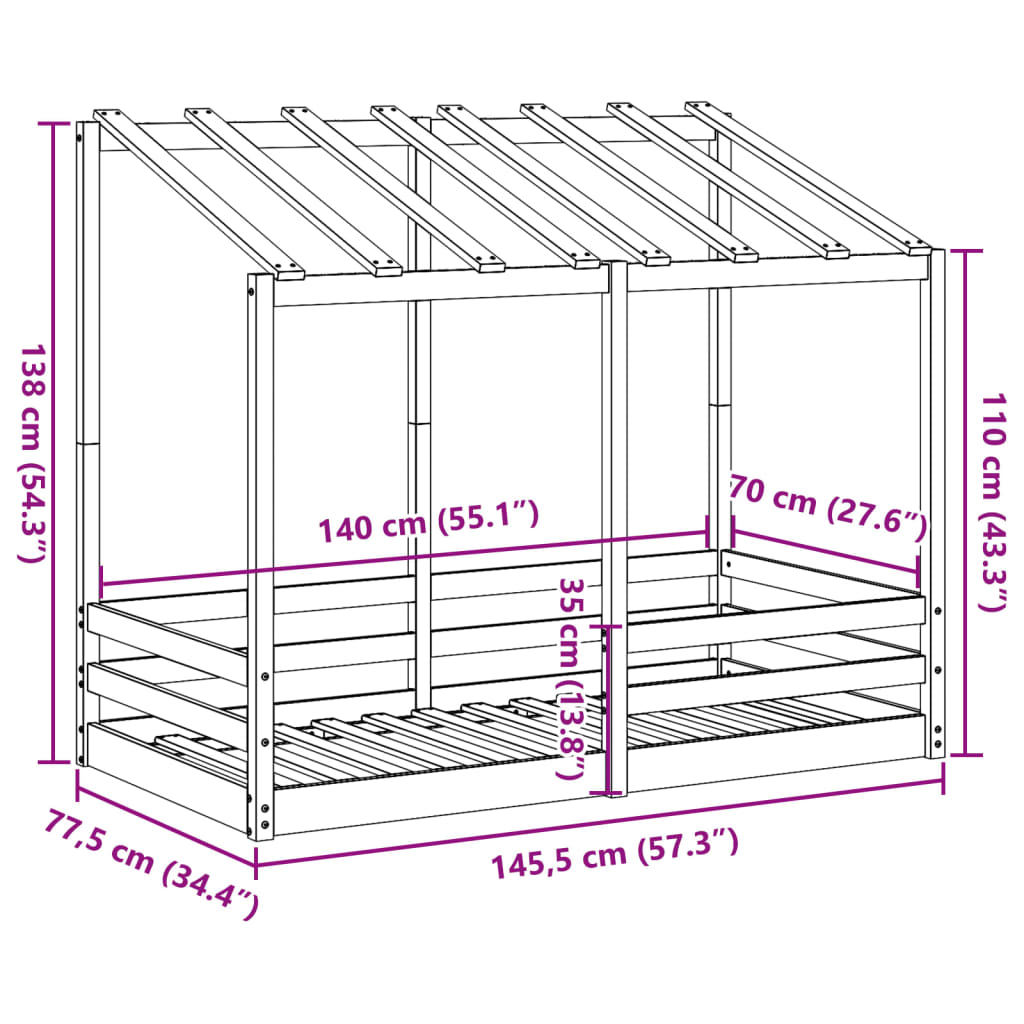 Barneseng med tak voksbrun 70x140 cm heltre furu