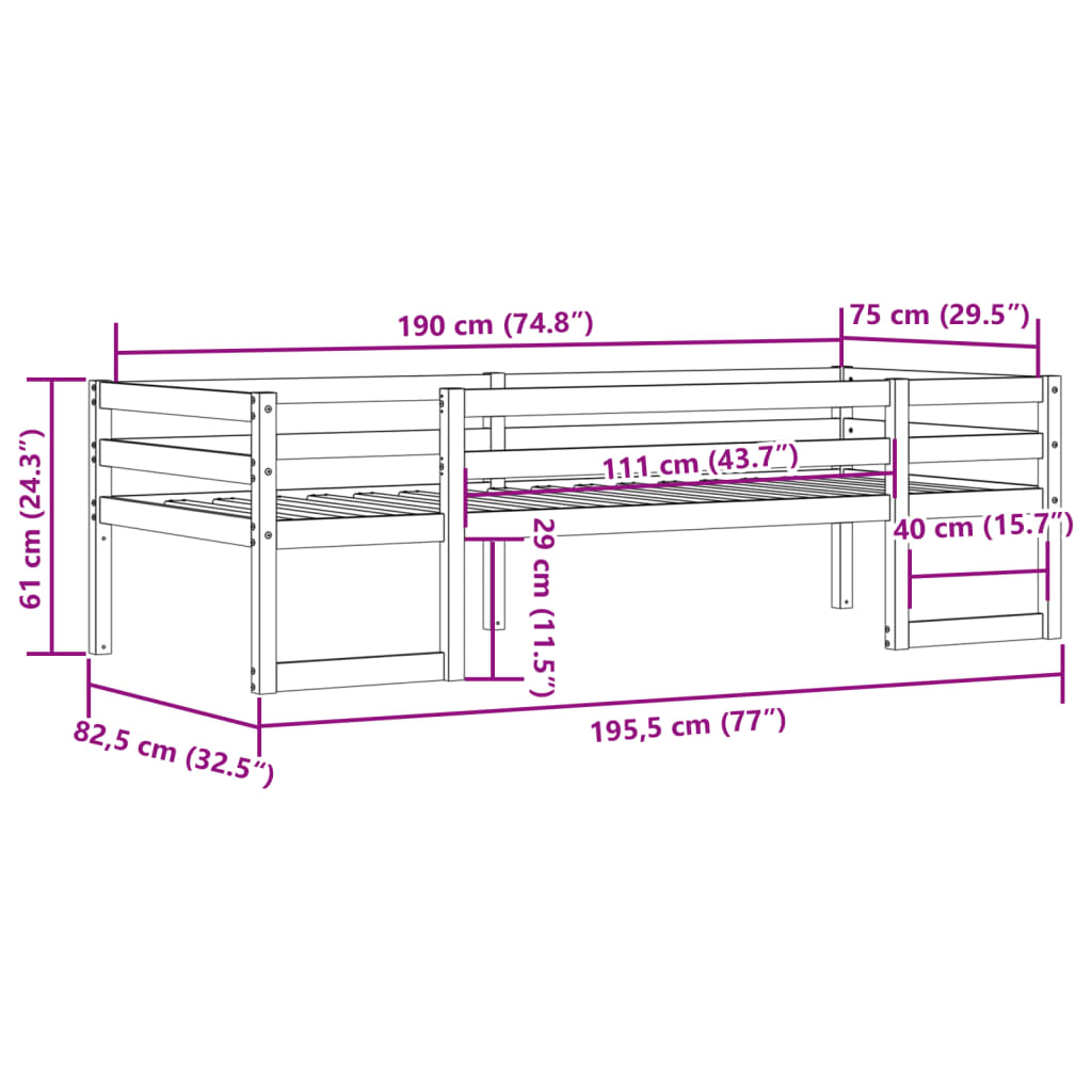 Sengeramme for barn hvit 75x190 cm heltre furu