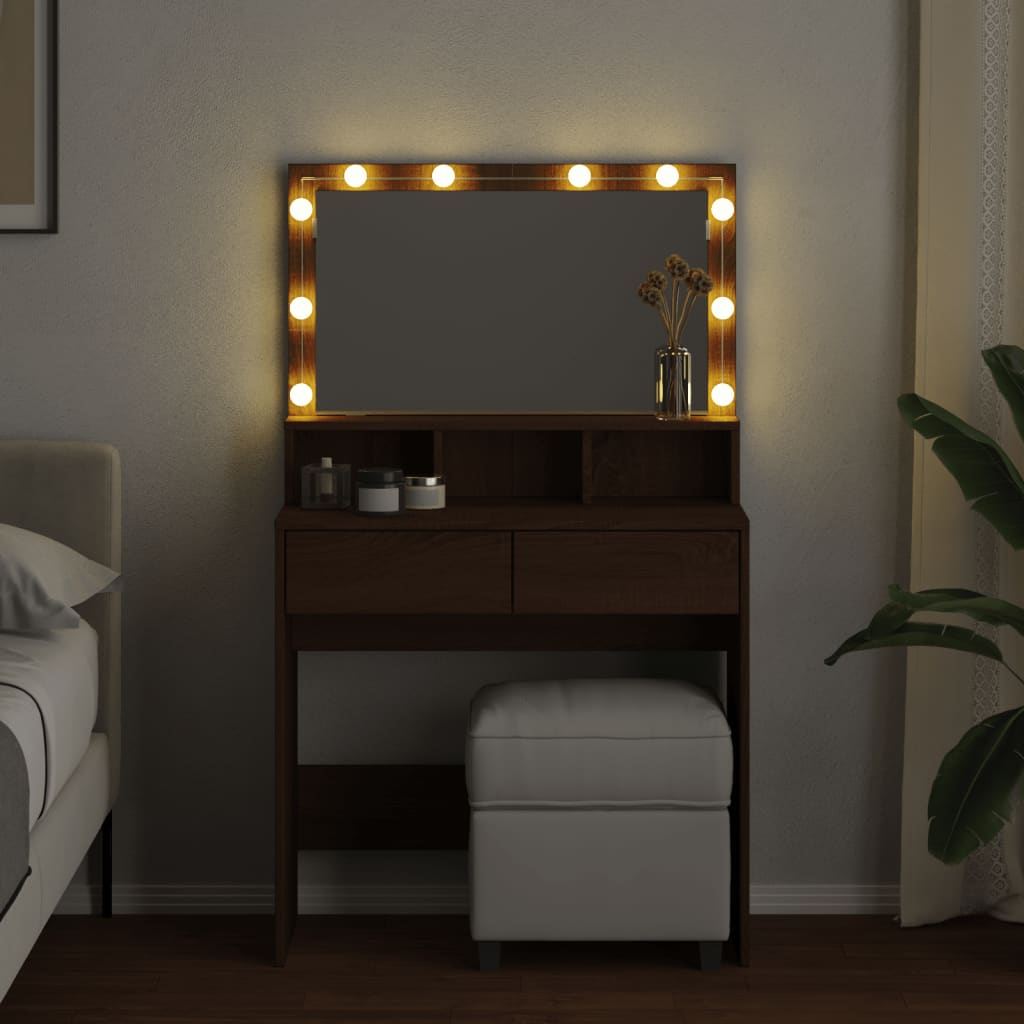 Sminkebord med LED brun eik 80x41x134,5 cm