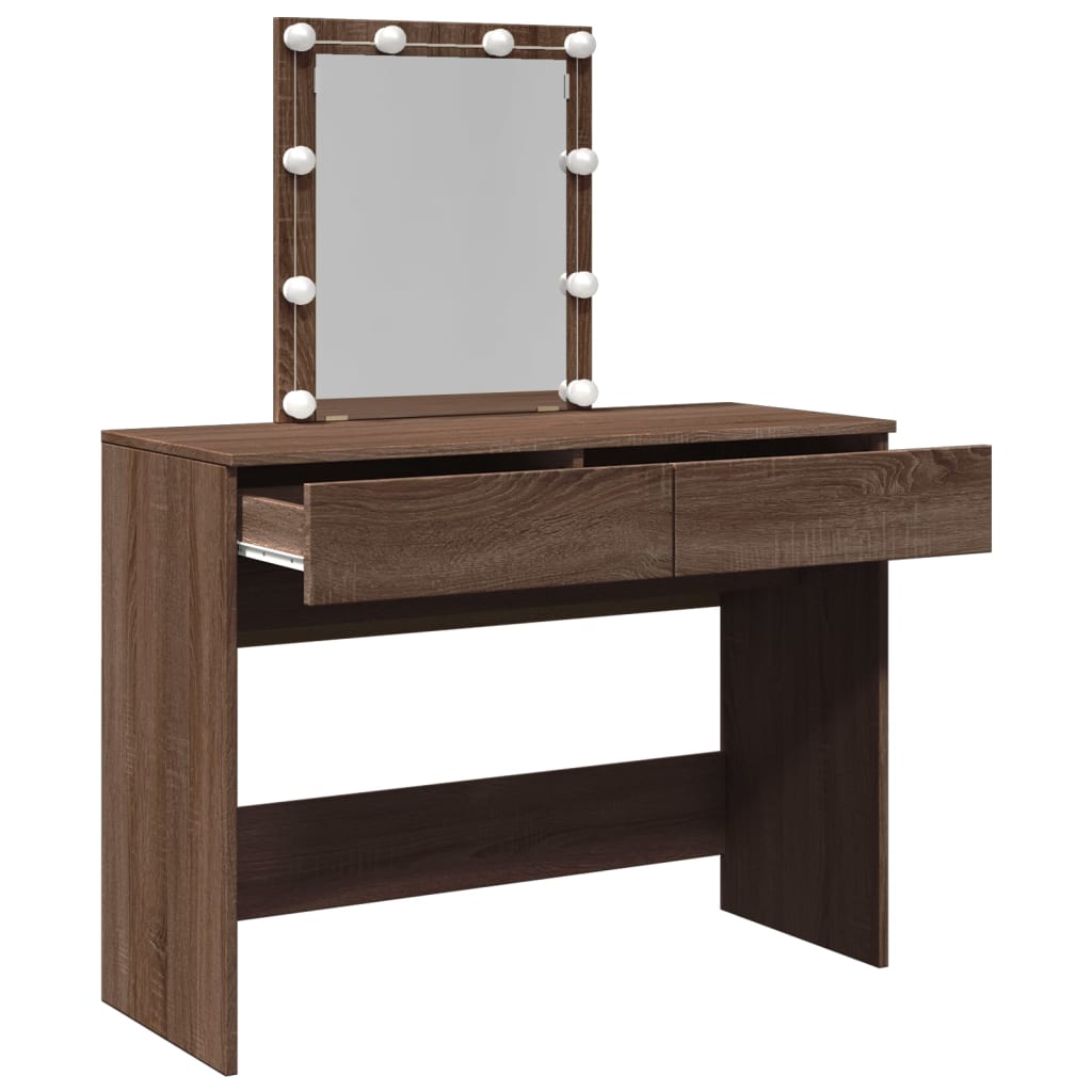 Sminkebord med LED brun eik 100x40x130 cm
