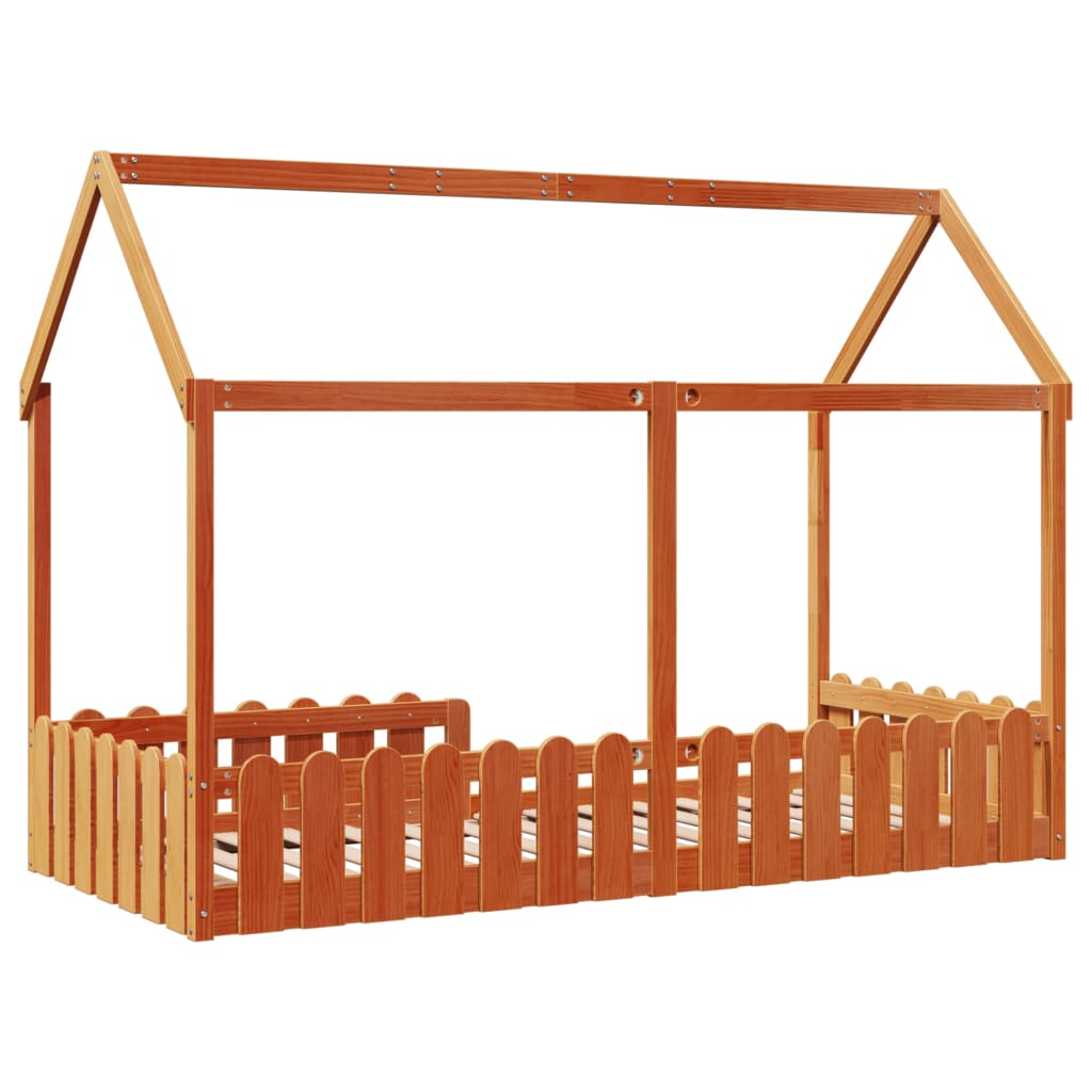 Barneseng med tak voksbrun 90x200 cm heltre furu
