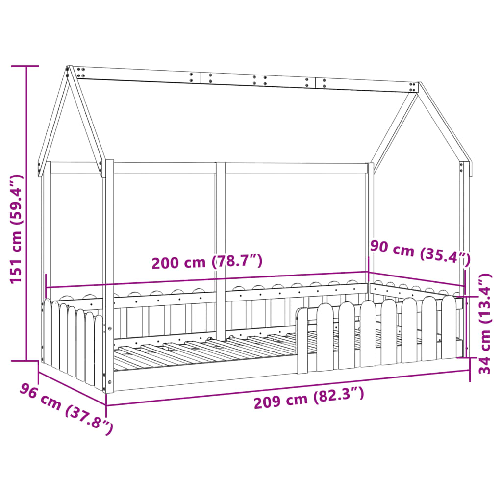 Barneseng med tak voksbrun 90x200 cm heltre furu