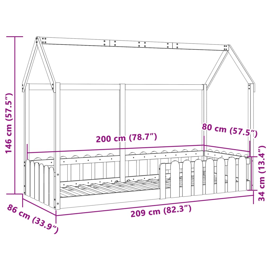 Barnesengeramme hus 80x200 cm heltre furu