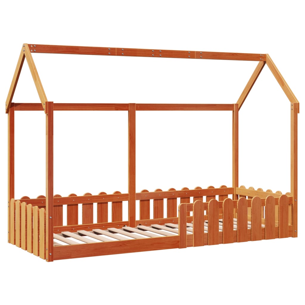 Barneseng med tak voksbrun 80x200 cm heltre furu