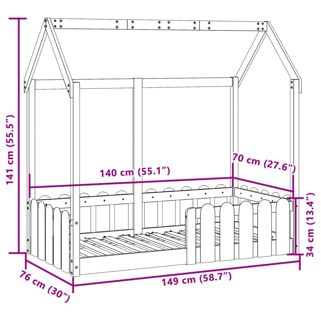 Barneseng med tak voksbrun 70x140 cm heltre furu