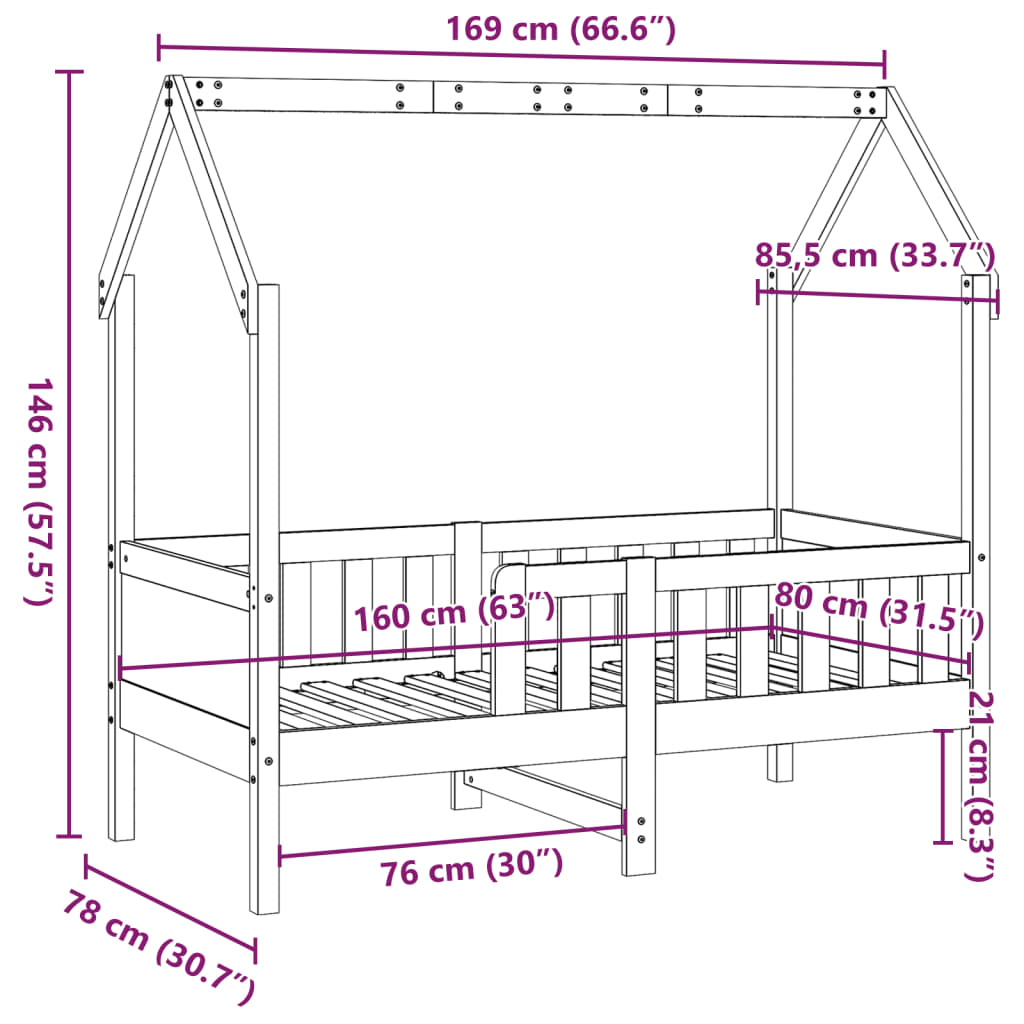 Barneseng med tak voksbrun 80x160 cm heltre furu