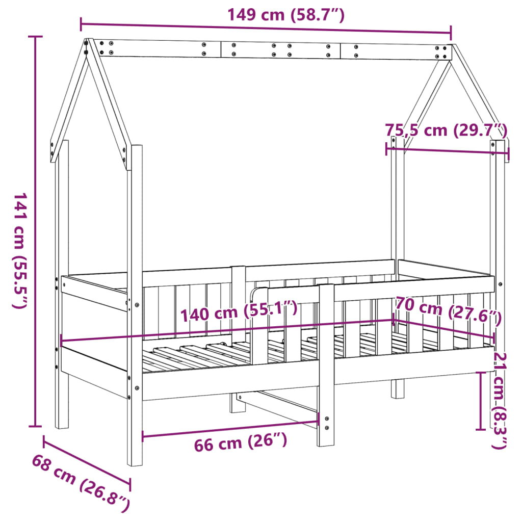 Barneseng med tak voksbrun 70x140 cm heltre furu