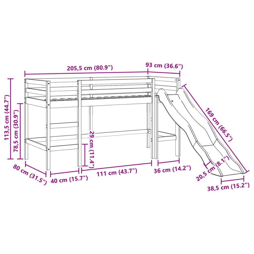 Loftseng for barn uten madrass voksbrun 80x200 cm heltre furu
