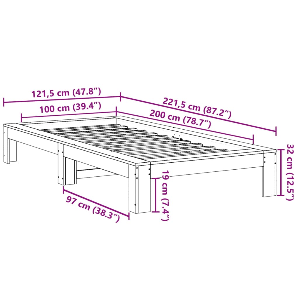 Sengeramme uten madrass voksbrun 100x200 cm heltre furu