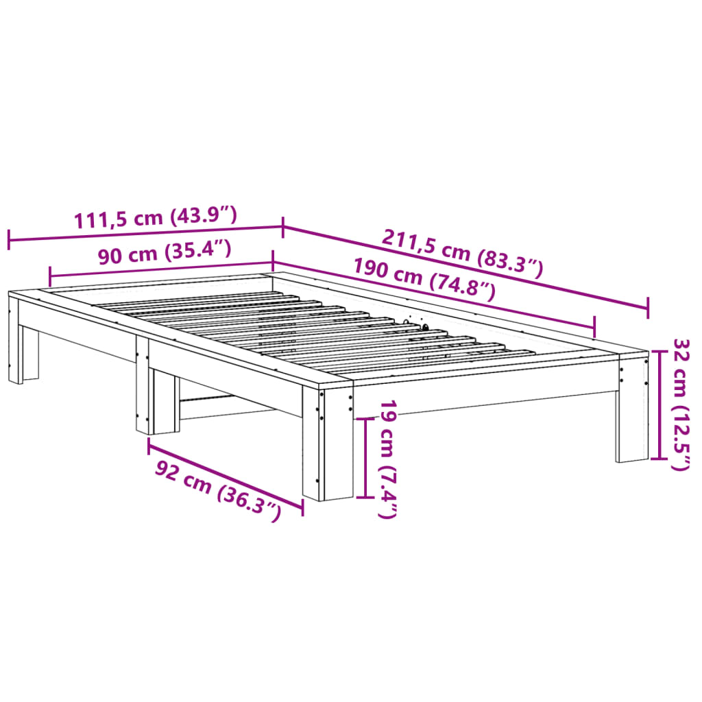 Sengeramme uten madrass voksbrun 90x190 cm heltre furu