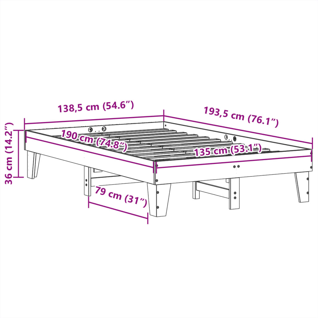 Sengeramme uten madrass hvit 135x190 cm heltre furu