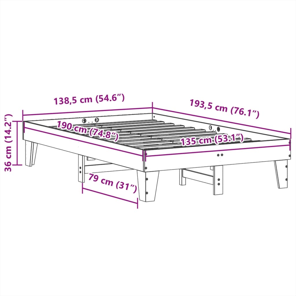 Sengeramme uten madrass brun 135x190 cm heltre furu