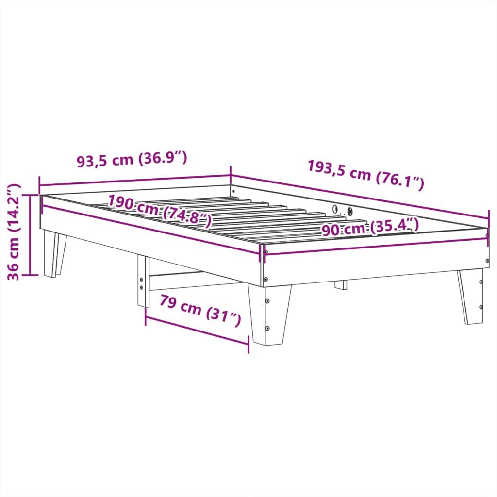 Sengeramme uten madrass hvit 90x190 cm heltre furu