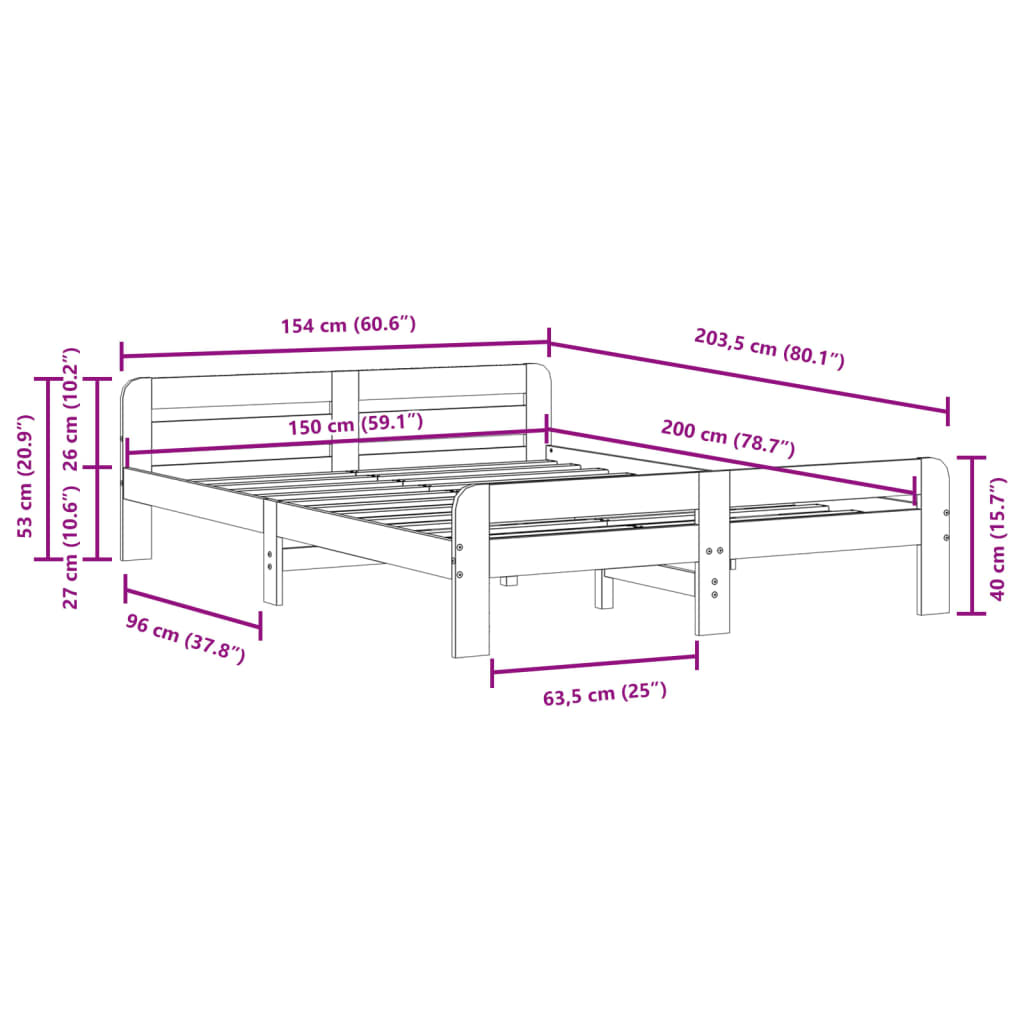Sengeramme uten madrass hvit 150x200 cm heltre furu