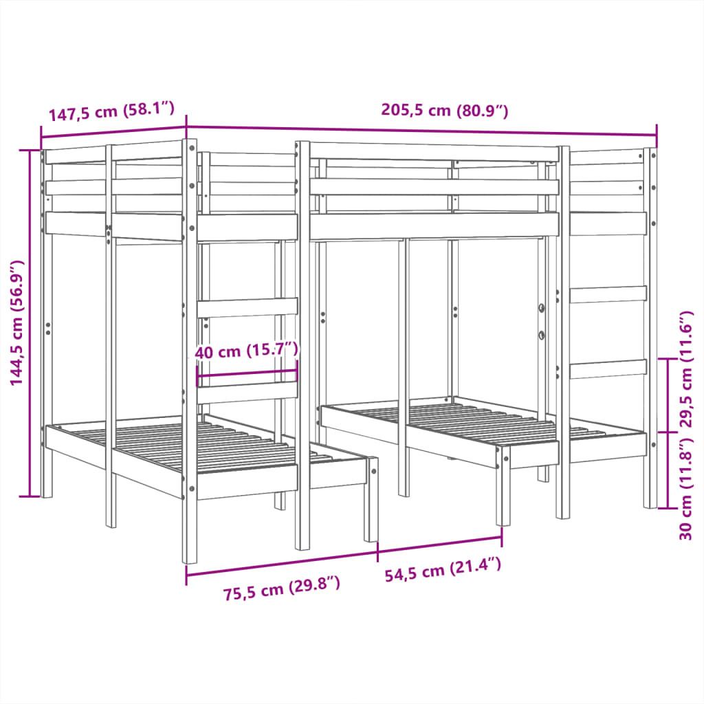 Trippel ramme for køyeseng hvit 140x200/70x140 cm heltre furu