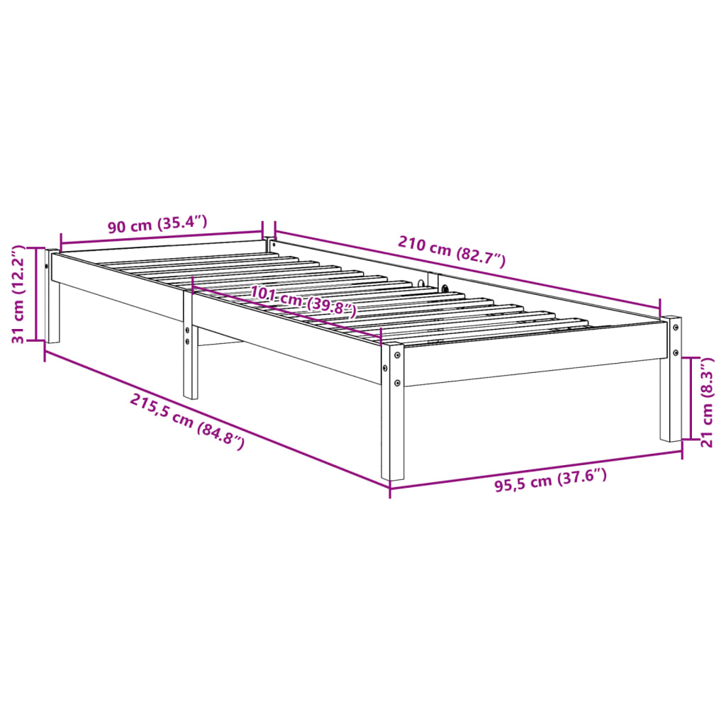 Ekstra lang sengeramme uten madrass hvit 90x210 cm heltre furu