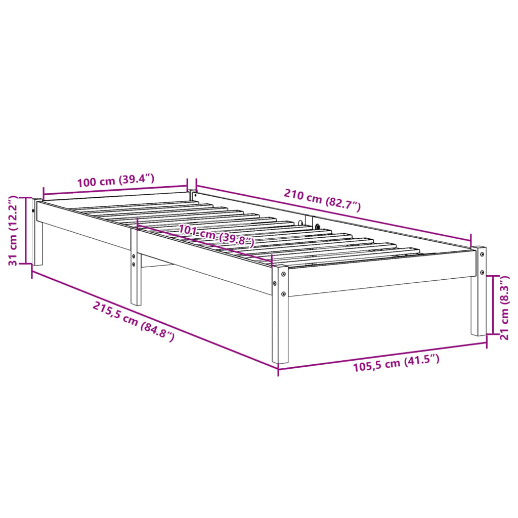 Ekstra lang sengeramme uten madrass hvit 100x210 cm heltre furu