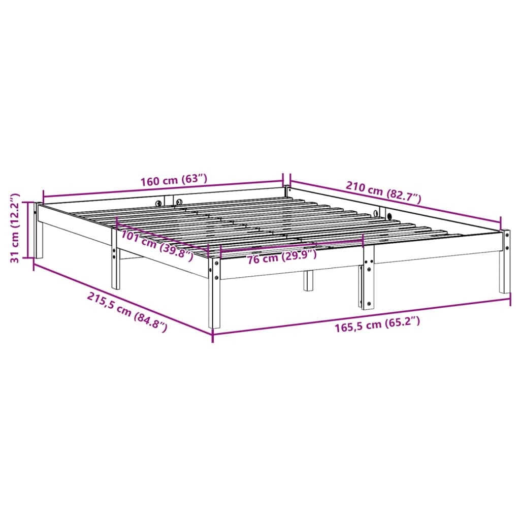 Ekstra lang sengeramme uten madrass 160x210 cm heltre furu
