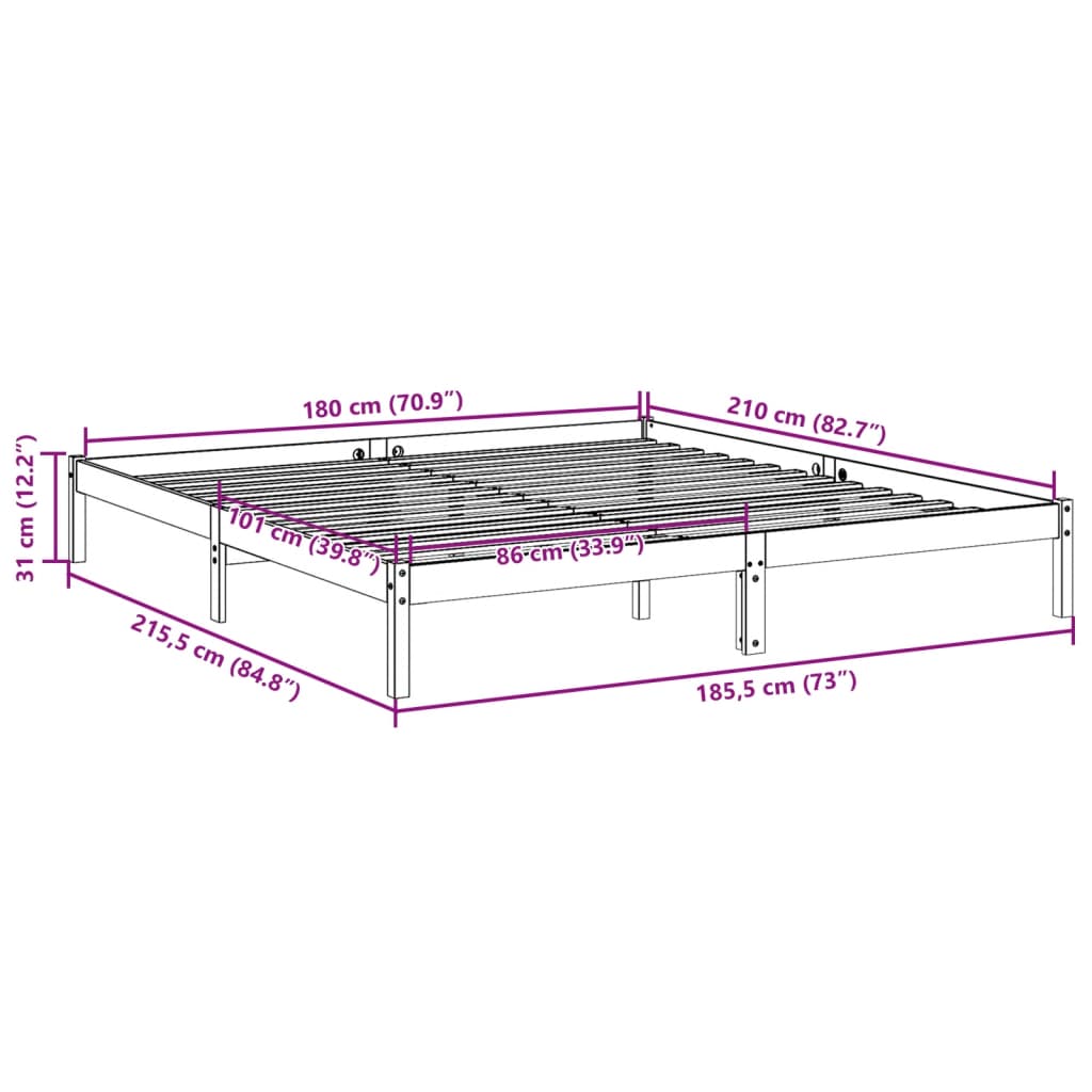 Ekstra lang sengeramme uten madrass hvit 180x210 cm heltre furu