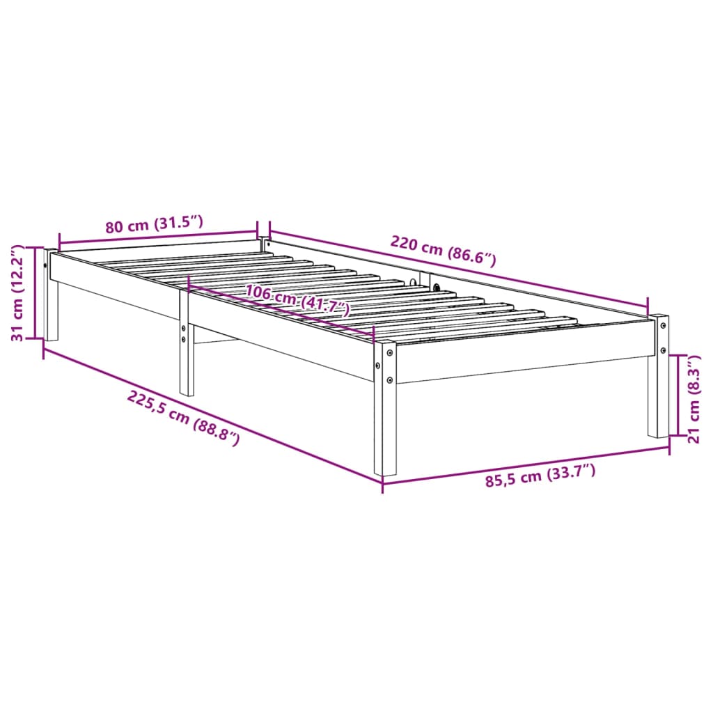 Ekstra lang sengeramme uten madrass hvit 80x220 cm heltre furu