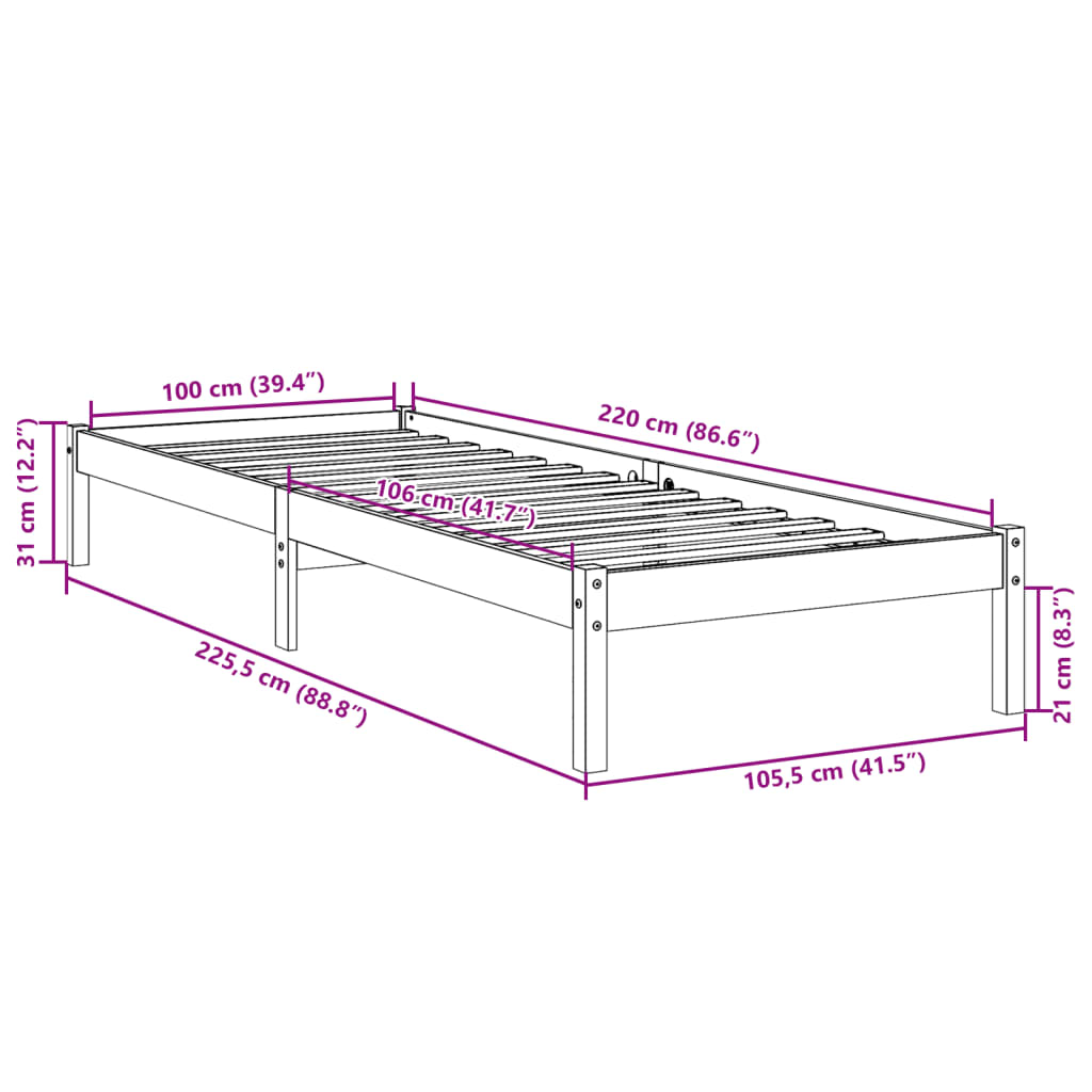 Ekstra lang sengeramme uten madrass hvit 100x220 cm heltre furu
