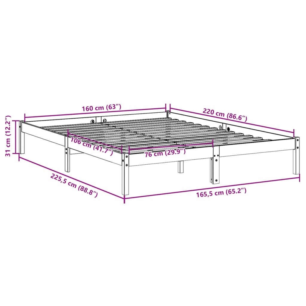 Ekstra lang sengeramme uten madrass hvit 160x220 cm heltre furu