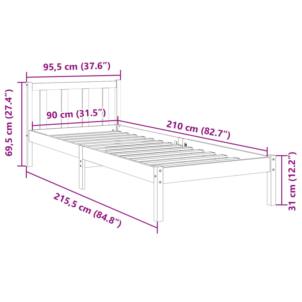 Ekstra lang sengeramme uten madrass hvit 90x210 cm heltre furu