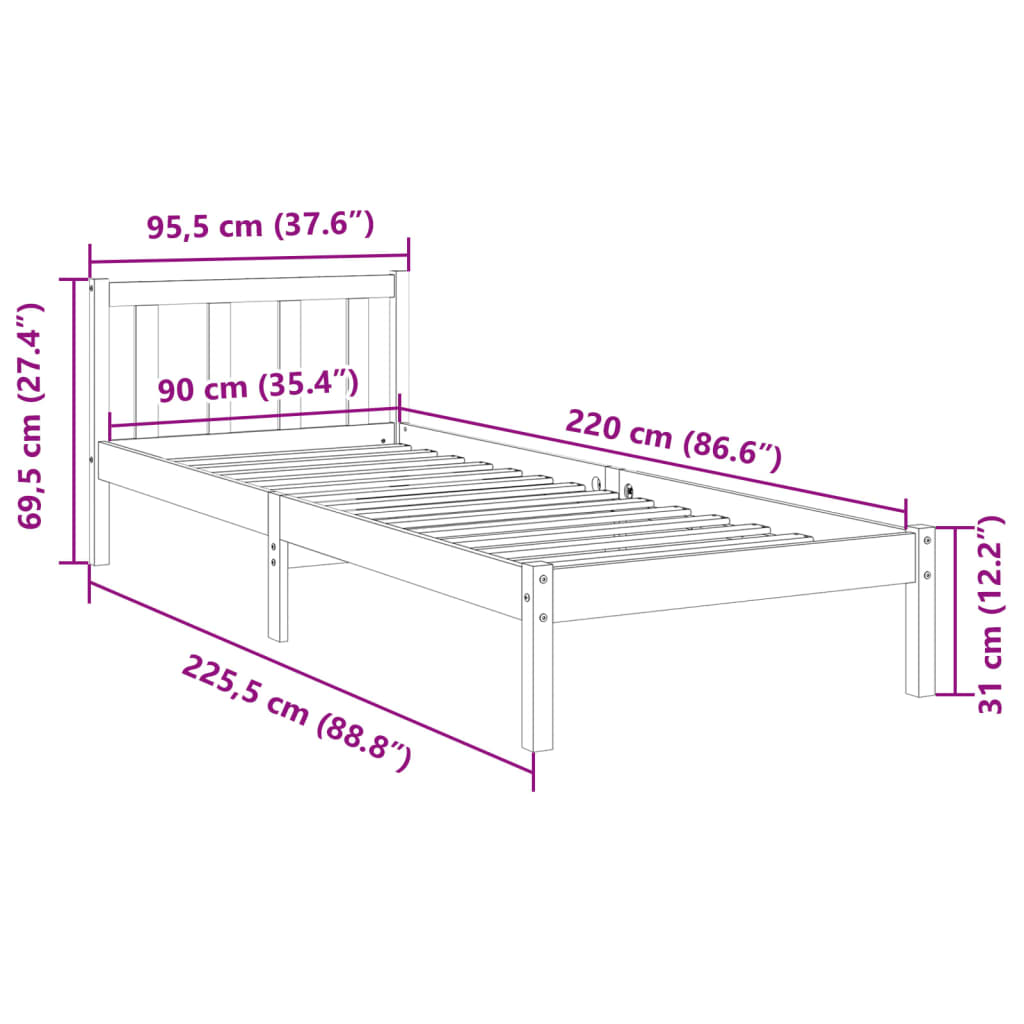 Ekstra lang sengeramme uten madrass 90x220 cm heltre furu