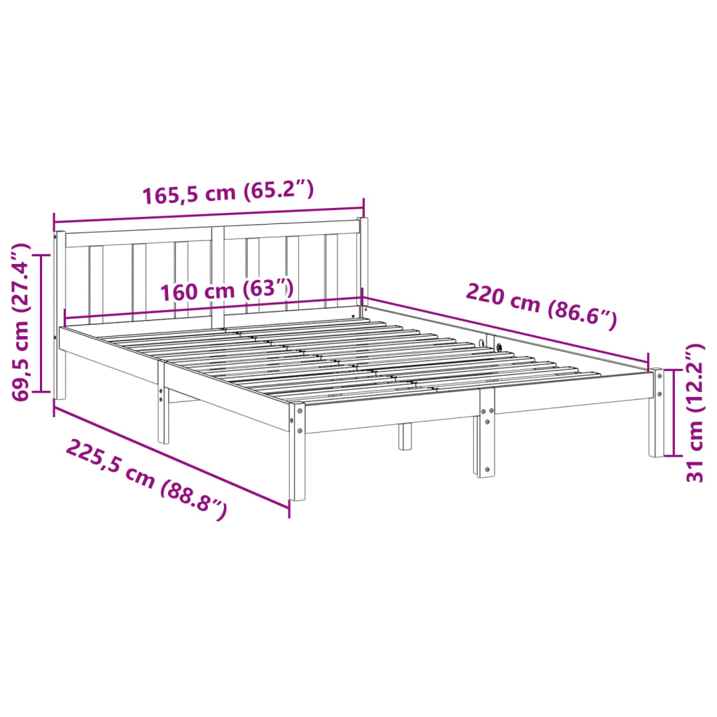 Ekstra lang sengeramme uten madrass hvit 160x220 cm heltre furu