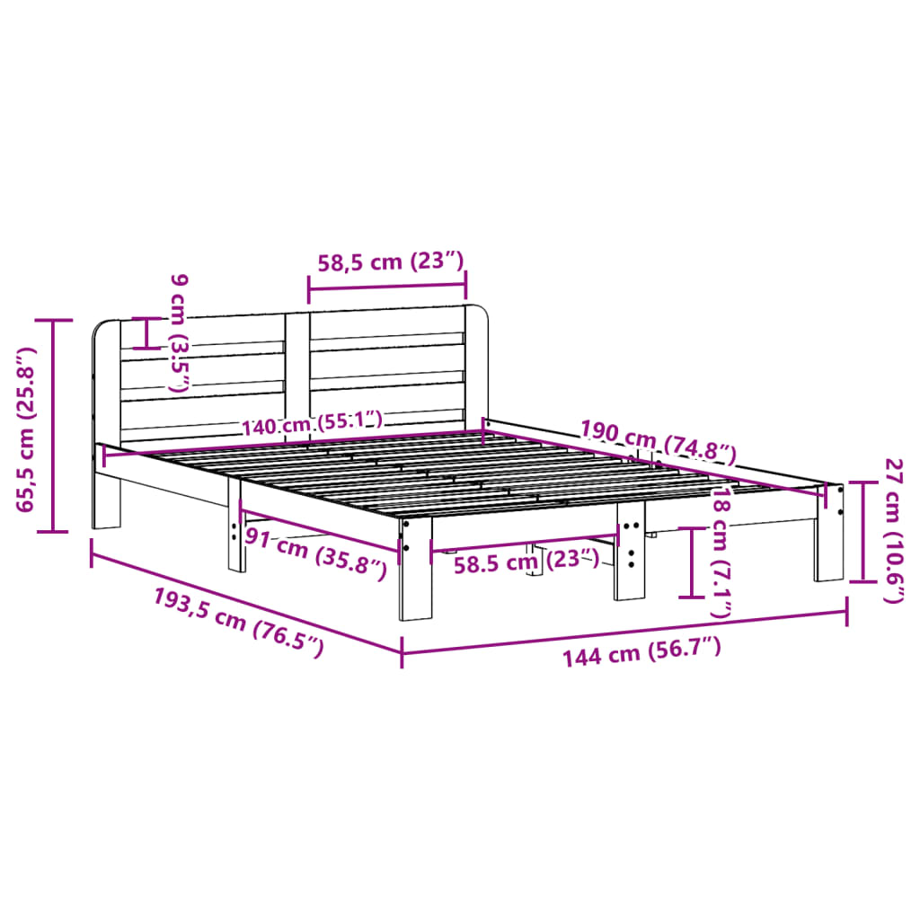 Sengeramme uten madrass hvit 140x190 cm heltre furu