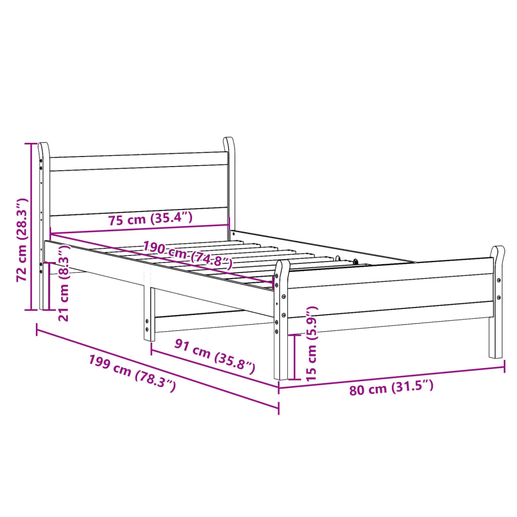 Sengeramme uten madrass 75x190 cm heltre furu