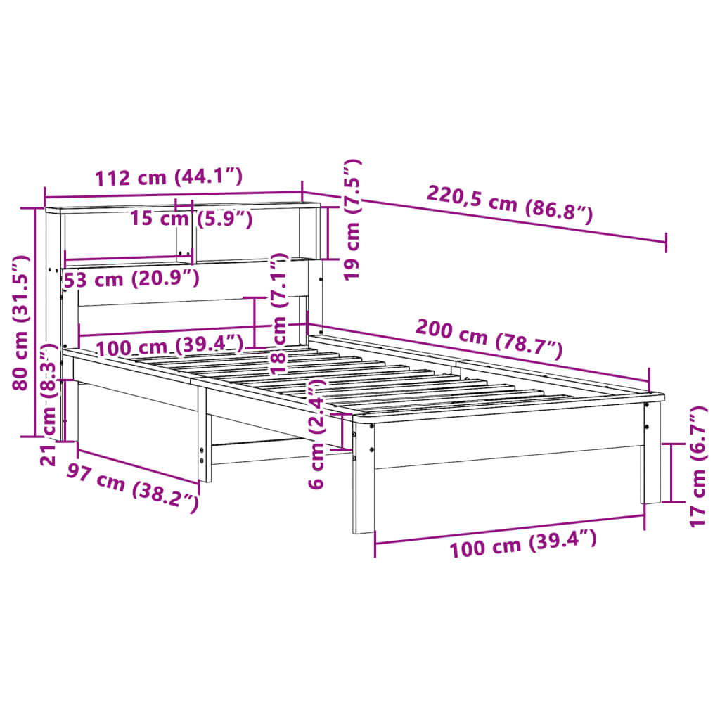 Seng med bokhylle uten madrass hvit 100x200 cm heltre furu