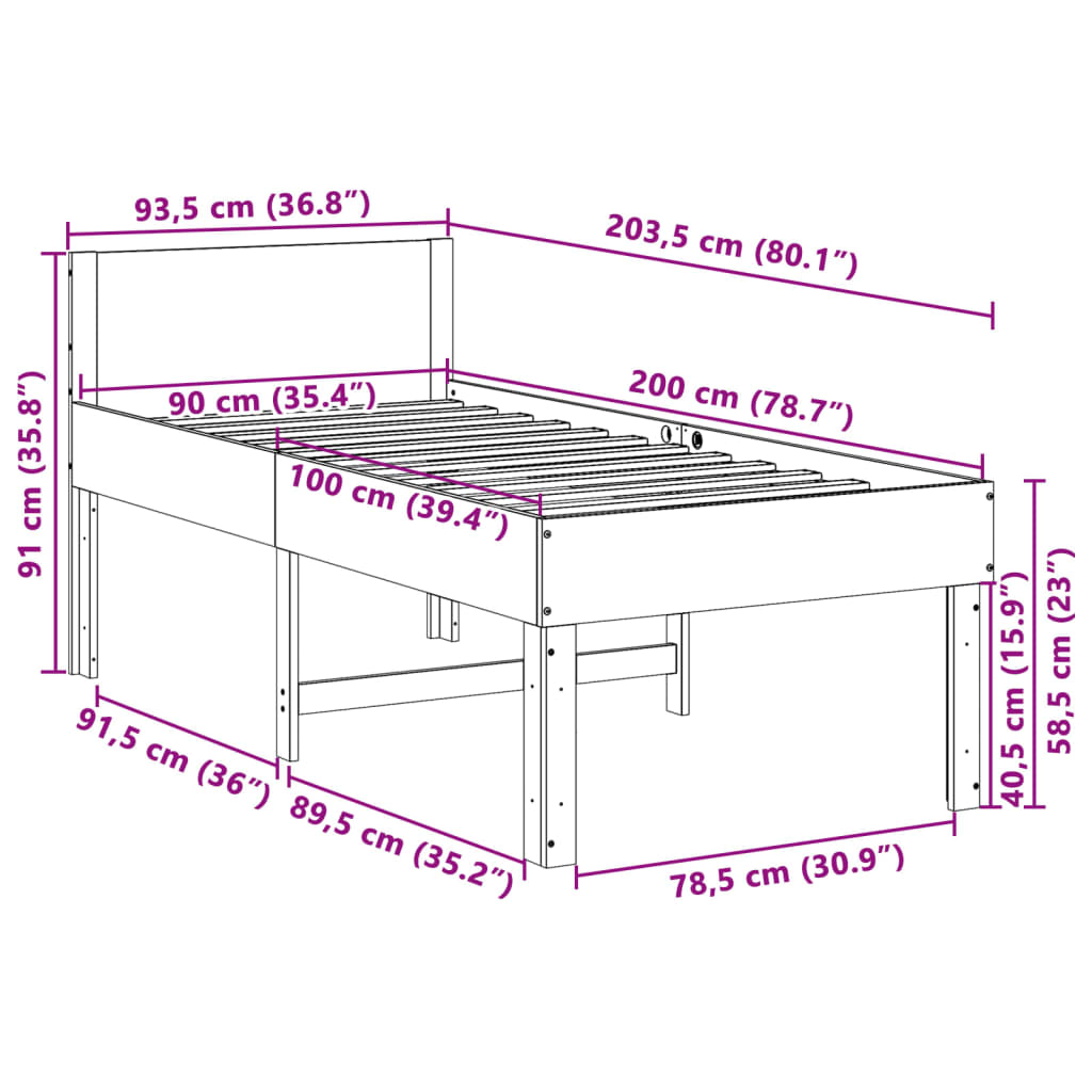 Sengeramme uten madrass hvit 90x200 cm heltre furu