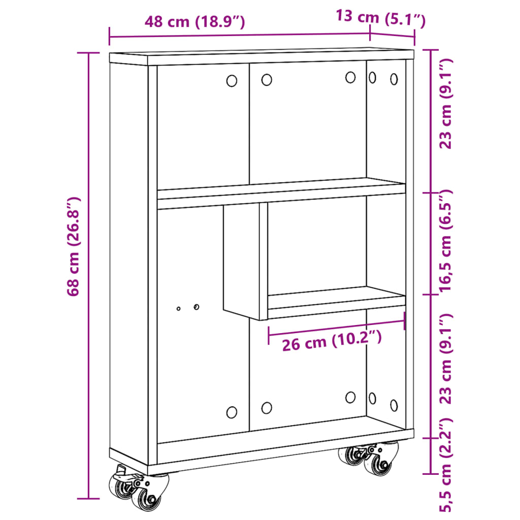 Smal oppbevaringsvogn hvit 48x13x68 cm konstruert tre