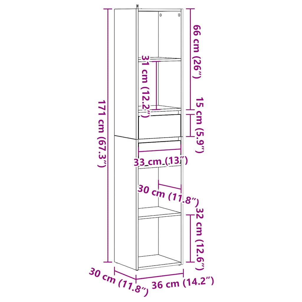 Bokhylle gammelt tre 36x30x171 cm konstruert tre