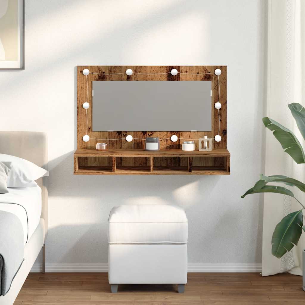 Speilskap med LED gammelt tre 90x31,5x62 cm