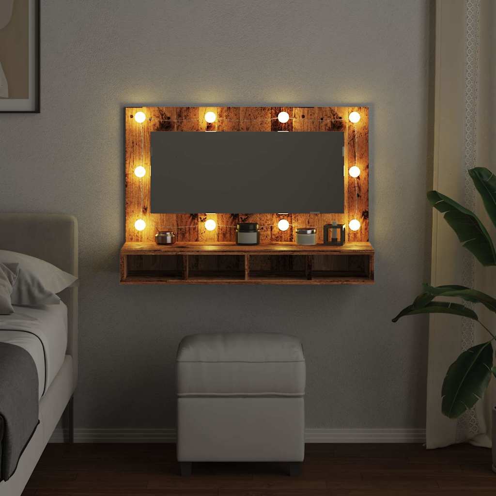 Speilskap med LED gammelt tre 90x31,5x62 cm