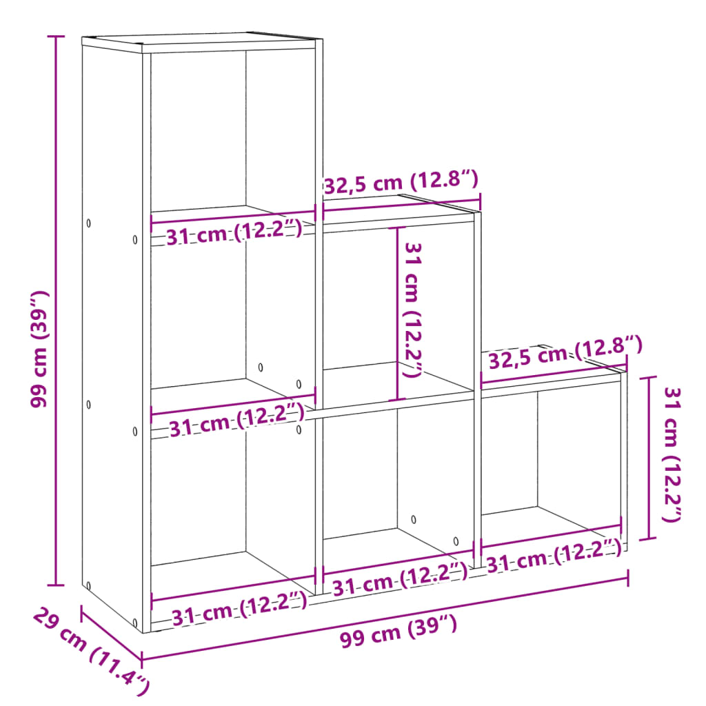 Romdeler bokhylle 3 lag grå sonoma 99x29x99 cm konstruert tre